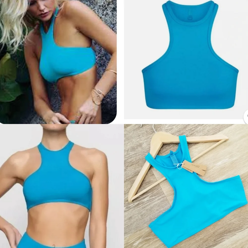 Skims High Neck Racerback Bikini Crop Top Swimwear NWT Turquoise Resort Vacay
